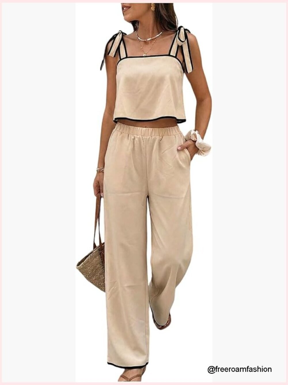 Tie Shoulder Crop Top and Pants Travel Outfit 2 Piece Set